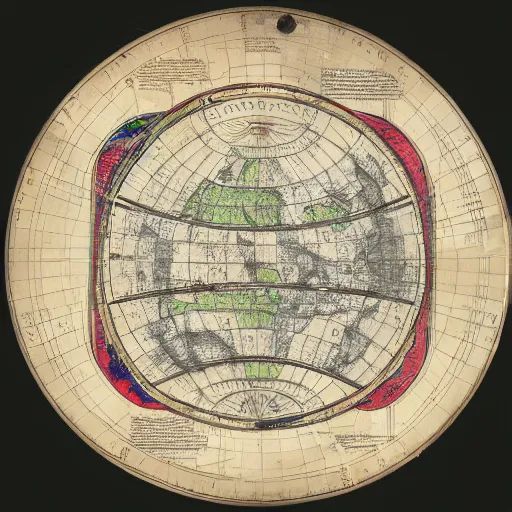 Prompt: a stack of turtles beneath a round disc showing a map of the earth, side view