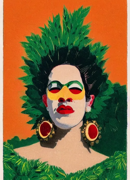 Prompt: an extreme close - up low angle portrait of the young extravagantly dressed queen wearing opera mask in a scenic representation of mother nature and the meaning of life by billy childish, thick visible brush strokes, shadowy landscape painting in the background by beal gifford, vintage postcard illustration, minimalist cover art by mitchell hooks