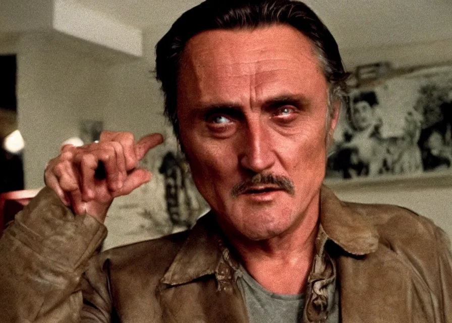 Prompt: Film still of 1980s Dennis Hopper in Twin Peaks (1990), The Black Lodge from Twin Peaks, eerie lynchian photography