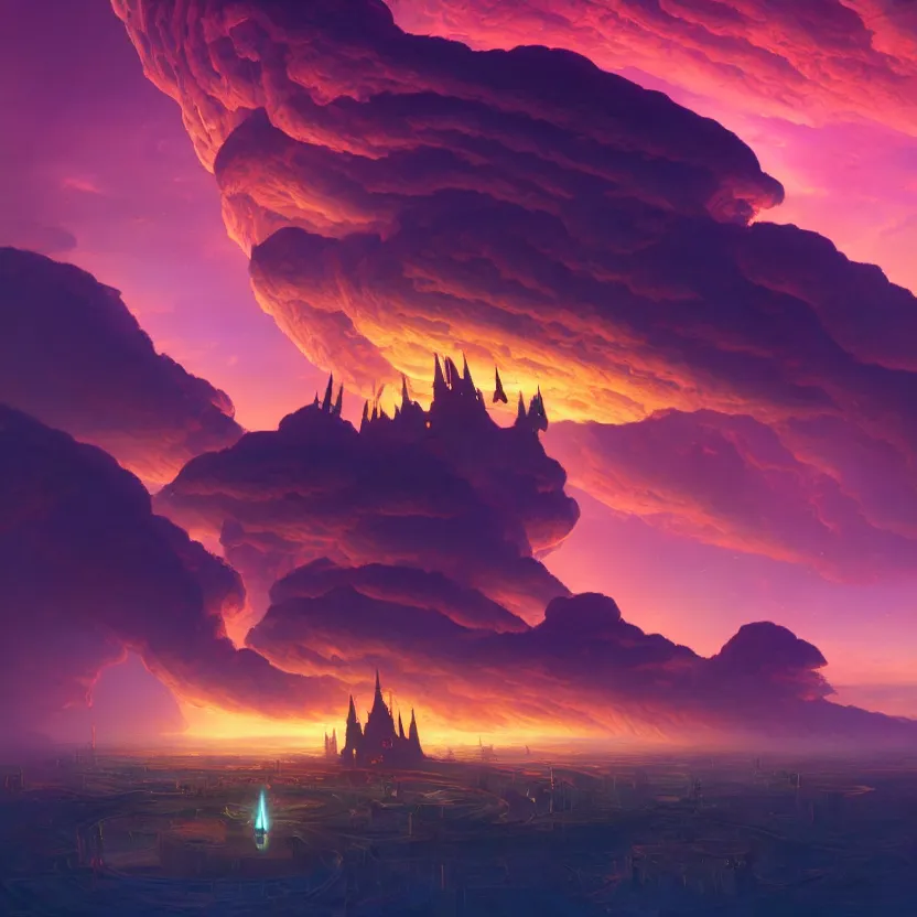 Image similar to treasure planet, clouds, castle!, lava, beautiful lighting, vivid colors, intricate, elegant, smooth, sharp focus, highly detailed digital painting, concept art, cinematic, unreal engine, 4 k wallpaper, art by syd mead, terada katsuya, atey ghailan, svetlin velinov, cgsociety, artstation trending