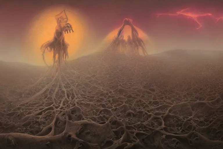 Image similar to prophecy, vivid colors, hallucination, amazing concept painting by Jessica Rossier and HR giger and Beksinski, the middle of a valley, it was full of bones, bones that were very dry, there was a noise, a rattling sound, and the bones came together, bone to bone , I looked, and tendons and flesh appeared on them and skin covered them, but there was no breath in them and breath entered them, they came to life and stood up on their feet a vast army