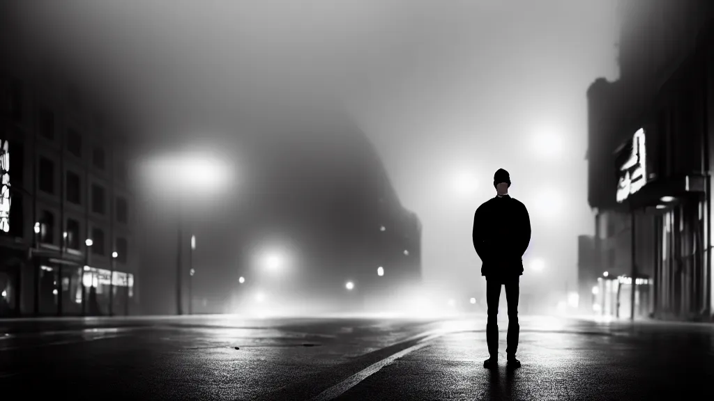 Image similar to full face portrait a man is standing on the street under the lights, fog, volumetric lighting, mystique, atmospheric, sharp focus, ultra detailed, noir art house, 4 k, cinematic, 3 5 mm