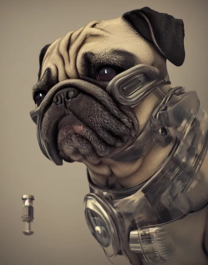 Image similar to a dog pug wearing a gas mask, intricate artwork by artstation. octane render, cinematic, hyper realism, 8k, depth of field.