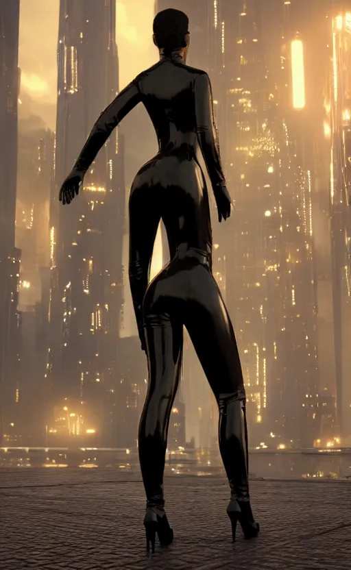 Prompt: a beautiful Black woman wearing leather black catsuit, standing in futuristic blade runner city, unreal engine, artstation