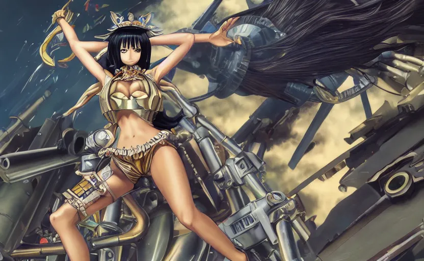 Image similar to mechanized valkyrie of nico robin from one piece, anime style, konami mecha, spread wings, hair down, symmetrical facial features, from arknights, hyper realistic, 4 k, rule of thirds, extreme detail, detailed drawing, trending artstation, hd, d & d, realistic lighting, by alphonse mucha, greg rutkowski