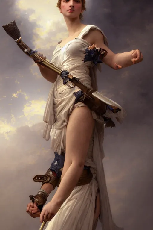 Prompt: full portrait of a beautiful Valkyrie, Regal, Realistic, Refined, highly Detailed Digital Art, Oil Painting, William-Adolphe Bouguereau, WLOP, Dynamic lighting, daily deviation, beautiful character illustration by Greg Rutkowsktrending on artstation, Cinematic Lighting, Unreal Engine, 8k, HD