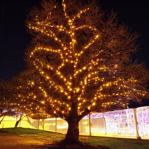 Prompt: beautiful anime tree at night with lots of lights and a tori gate