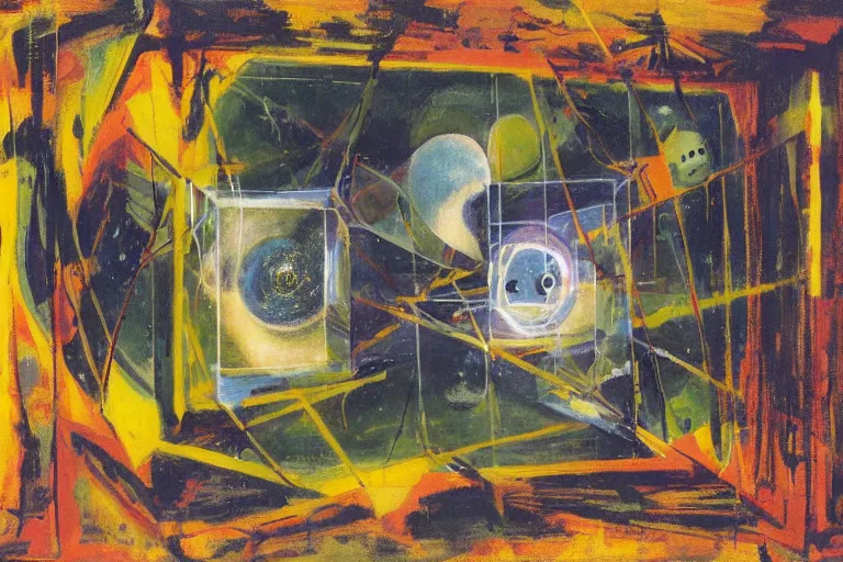 Image similar to painting of a tesseract floating in space by graham sutherland