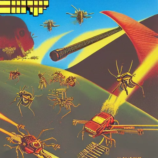 Image similar to video game box art of a commodore 6 4 game called bugs and flamethrowers, 4 k, highly detailed cover art.