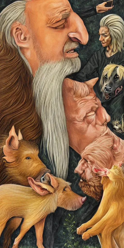 Image similar to beautiful detailed acrylic painting of a fit and mystical elderly man, has blond hair and ginger beard, surrounded by a Belgian shepherd and a wild boar