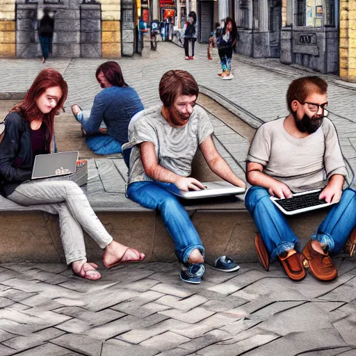 Image similar to a group of realistic bums using laptops near on street, highly detailed, intricate, sharp focus, digital art, 8 k