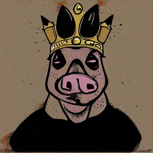 Image similar to grunge cartoon sketch of a pig in a gold crown by - beeple , loony toons style, horror themed, detailed, elegant, intricate