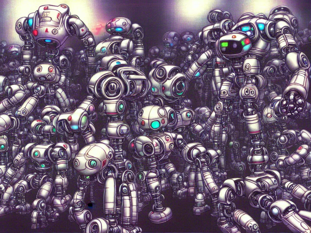 Image similar to programmers bowing down to their robot overlord by Yoshitaka Amano