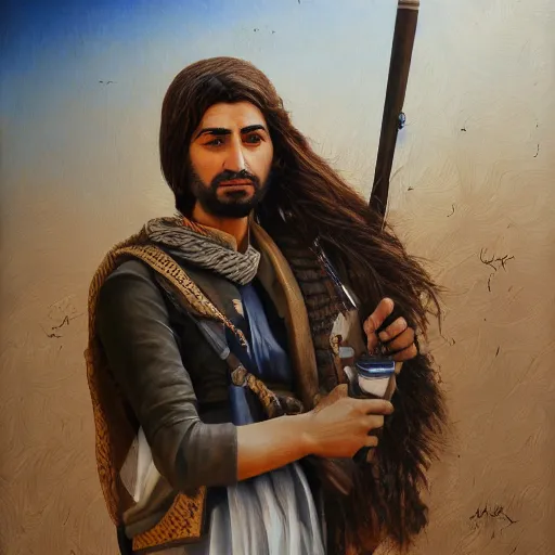 Image similar to Kurdish interpreter, award winning painting, incredibly detailed, extremely detailed, trending on artstation, hyperealistic, 8k hd