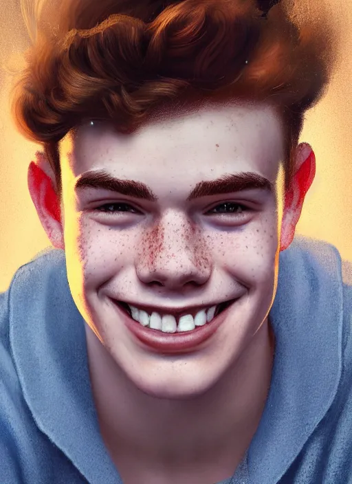 Image similar to portrait of teenage archie andrews, freckles, curly middle part haircut, curly hair, smiling kindly, friendly, 1 9 5 0 s, intricate, elegant, glowing lights, highly detailed, digital painting, artstation, concept art, smooth, sharp focus, illustration, art by wlop, mars ravelo and greg rutkowski