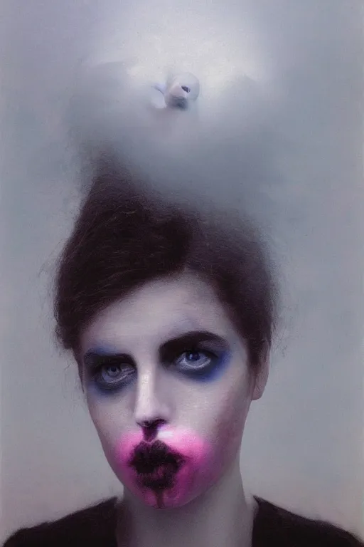 Prompt: fantasy girl's face in the fog, by Frank Zappa, Gottfried Helnwein, Isaac Levitan