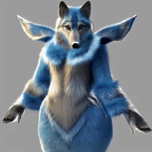 Image similar to 3 d render, well toned, large and tall, female, anthropomorphic wolf with a short snout, blue scales and fur with white spots and wings on her back, icey blue dress, furr covering her chest.