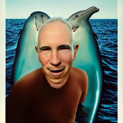 Image similar to ultra realistic photo portrait of a dolphin man with a big hole on the forehead, by Annie Leibovitz,