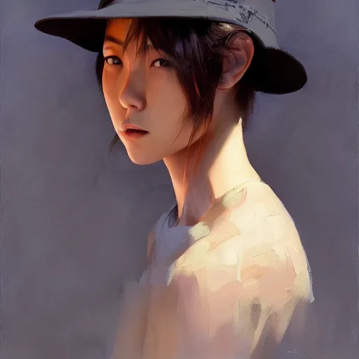 Prompt: oil painting by ilya kuvshinov,, baugh casey, artgerm craig mullins, coby whitmore, of a youthful japanese girl, long hair, fisherman's hat, highly detailed, breathtaking face, studio photography, noon, intense bounced light, water reflection, large tree casting shadow, serine intense sunlight