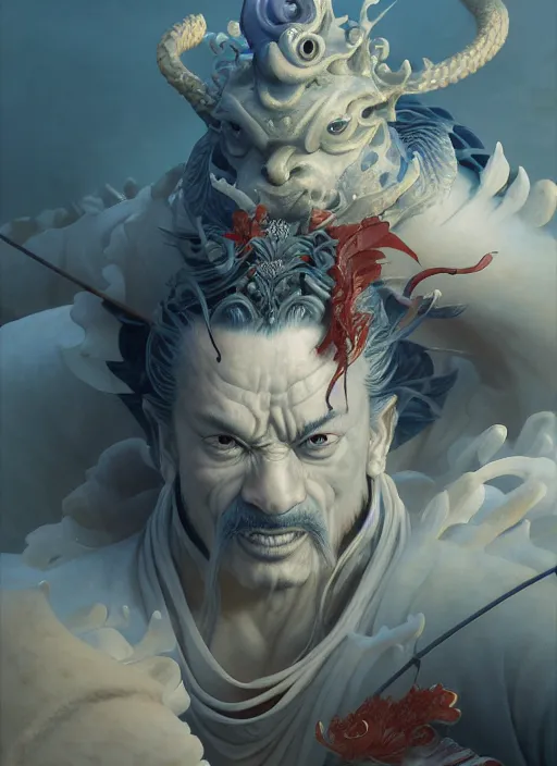 Prompt: subsurface scattering, white, koi, samurai deity, by jesper ejsing, james jean, justin gerard, tomasz alen kopera, cgsociety and fenghua zhong, highly detailed, rim light, cinematic lighting, illustration, art, octane render, very coherent, cinematic, hyper realism, high detail, 8 k