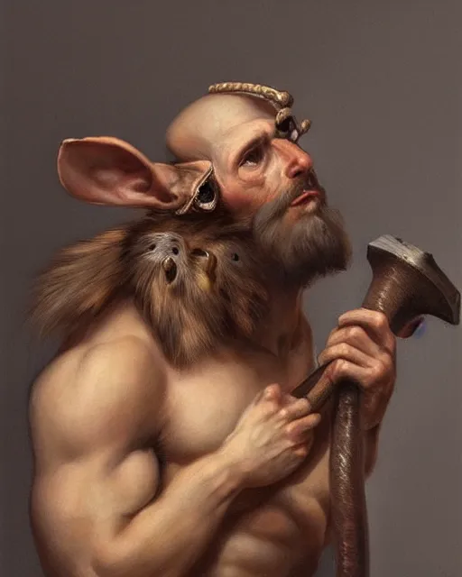 Image similar to baroque portrait of a male were-rat. he is very muscular. he is holding an axe. 4K trending on artstation by peter mohrbacher