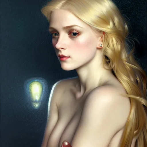 Prompt: portrait of a blonde girl surrounded by shimmering reflective, face, fantasy, intricate, elegant, dramatic lighting, highly detailed, lifelike, photorealistic, digital painting, artstation, concept art, smooth, sharp focus, illustration, art by John Collier and Krenz Cushart and Artem Demura and Alphonse Mucha and and Albert Aublet