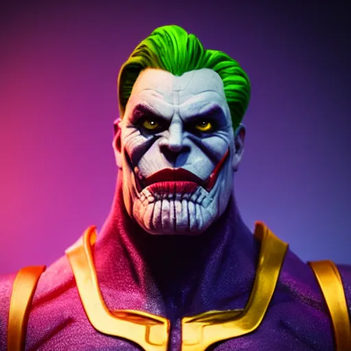 Image similar to thanos cosplaying as joker, octane render, unreal engine 5, high quality, highly detailed, close up photo, 8 k