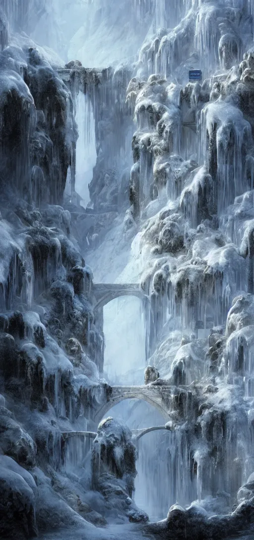 Image similar to a gigantic palace made of crystal stone with arches and bridge on top of a waterfall in the snow, blizzard, a small stream runs beneath the waterfall, landscape, raphael lacoste, eddie mendoza, alex ross, concept art, matte painting, highly detailed, rule of thirds, dynamic lighting, cinematic, detailed, denoised, centerd