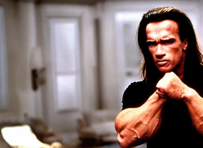 Prompt: arnold schwarzenegger in a still from the movie The Room (2003)