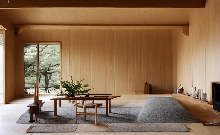 Prompt: luxurious wooden cottage by yabu pushelberg, modern japanese living room, japanese wabi - sabi arrangements, coherent composition, architectural photography