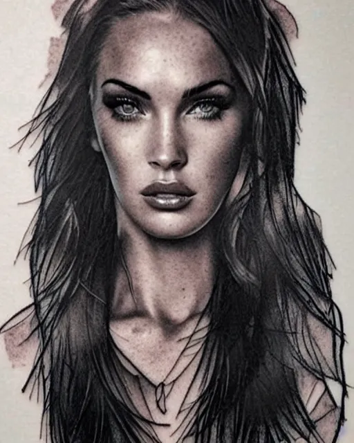 Prompt: creative double exposure effect tattoo design sketch of megan fox on a background of beautiful mountain scenery, realism tattoo, in the style of matteo pasqualin, amazing detail, sharp