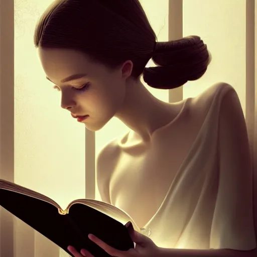 Image similar to portrait of an absurdly beautiful girl reading a book, graceful, sophisticated, hyperdetailed illustration by irakli nadar, maria borges, matt wisniewski style, intricate linework, unreal engine 5 highly rendered, global illumination, detailed and intricate environment