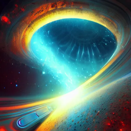 Image similar to glowing glorious 3D black hole in movie, intergalactic, space theme, galaxy colored, hyperdetailed, digital painting, trending on Artstation, cel-shading style, CG society, hyperdetailed, digital painting, hypermaximalist, golden ratio, volumetric, octane render, weta digital, micro details, 3d sculpture