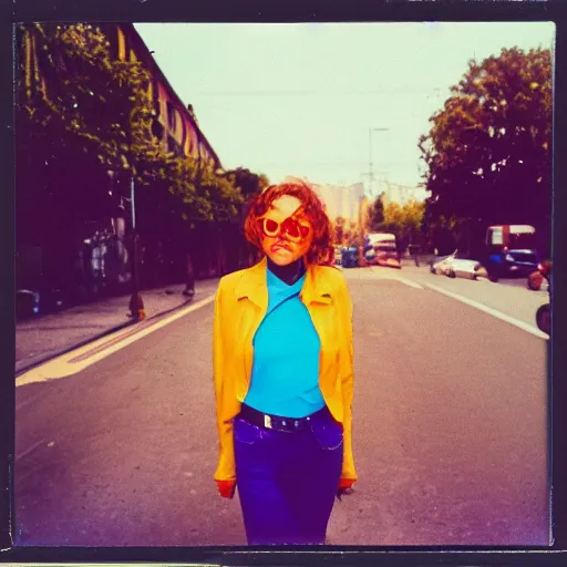 Image similar to colorful instant photograph of a woman in the middle of the street, polaroid, light leak, raw, nostalgic, daylight, blue sky, clouds