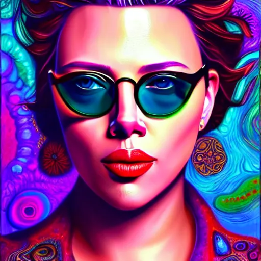 Prompt: An extremely psychedelic portrait of Scarlett Johanson wearing sunglasses, surreal, LSD, face, detailed, intricate, elegant, lithe, highly detailed, digital painting, artstation, concept art, smooth, sharp focus, illustration