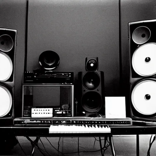 Image similar to 60s movie still of home music studio by Irving Penn, Cinestill 800t 35mm black and white, heavy grainy picture, very detailed, high quality, 4k, HD criterion, dramatic lightning, precise texture, gettyimages