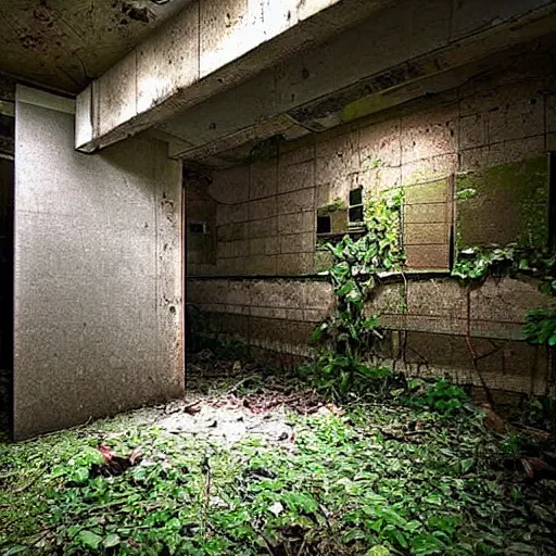 Prompt: abandoned, overgrown, underground bunker, waterfall room