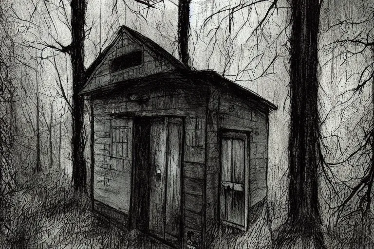 Image similar to mad horror painting of a cabine in the woods by ben templesmith