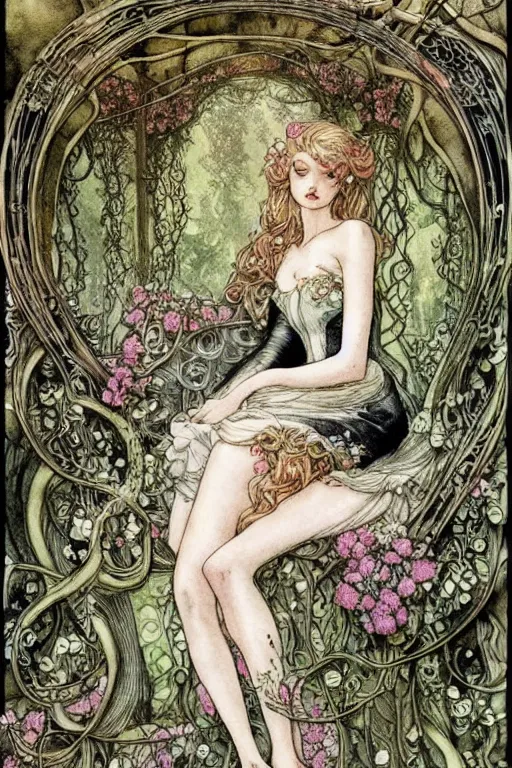 Prompt: detailed sleeping beauty in a rococo bedroom overgrown by vines and flowers, fantasy art, trending on artstation, fairytale, art by luis royo and walter crane and kay nielsen, watercolor illustration,