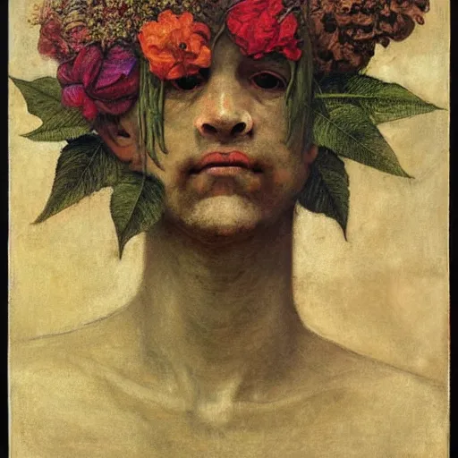 Prompt: a severed head with flowers and plants growing, by Odd Nerdrum, by Francisco Goya, by M.C. Escher, beautiful, eerie, surreal, colorful