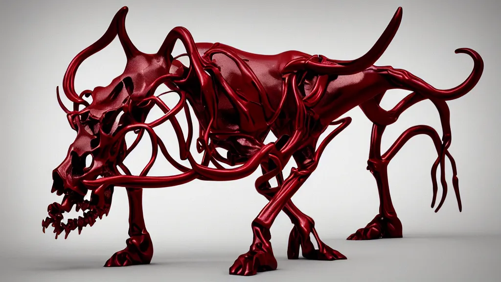 Image similar to stylized shiny polished silver statue full body bizarre extra limbs cosmic horror quadruped animal cow bovine skull four legs made of creature tendrils perfect symmetrical body perfect symmetrical face hyper realistic hyper detailed by johannen voss by michelangelo octane render blender 8 k displayed in pure white studio room anatomical deep red arteries veins flesh