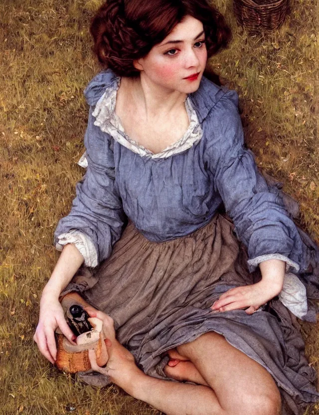 Prompt: tempting peasant girl with deep seductive décolleté looking in the camera, on a village, high angle view, portrait, Cinematic focus, Polaroid photo, vintage, neutral colors, soft light, foggy, by Steve Hanks, by Serov Valentin, by lisa yuskavage, by Andrei Tarkovsky 8k render, detailed, oil on canvas