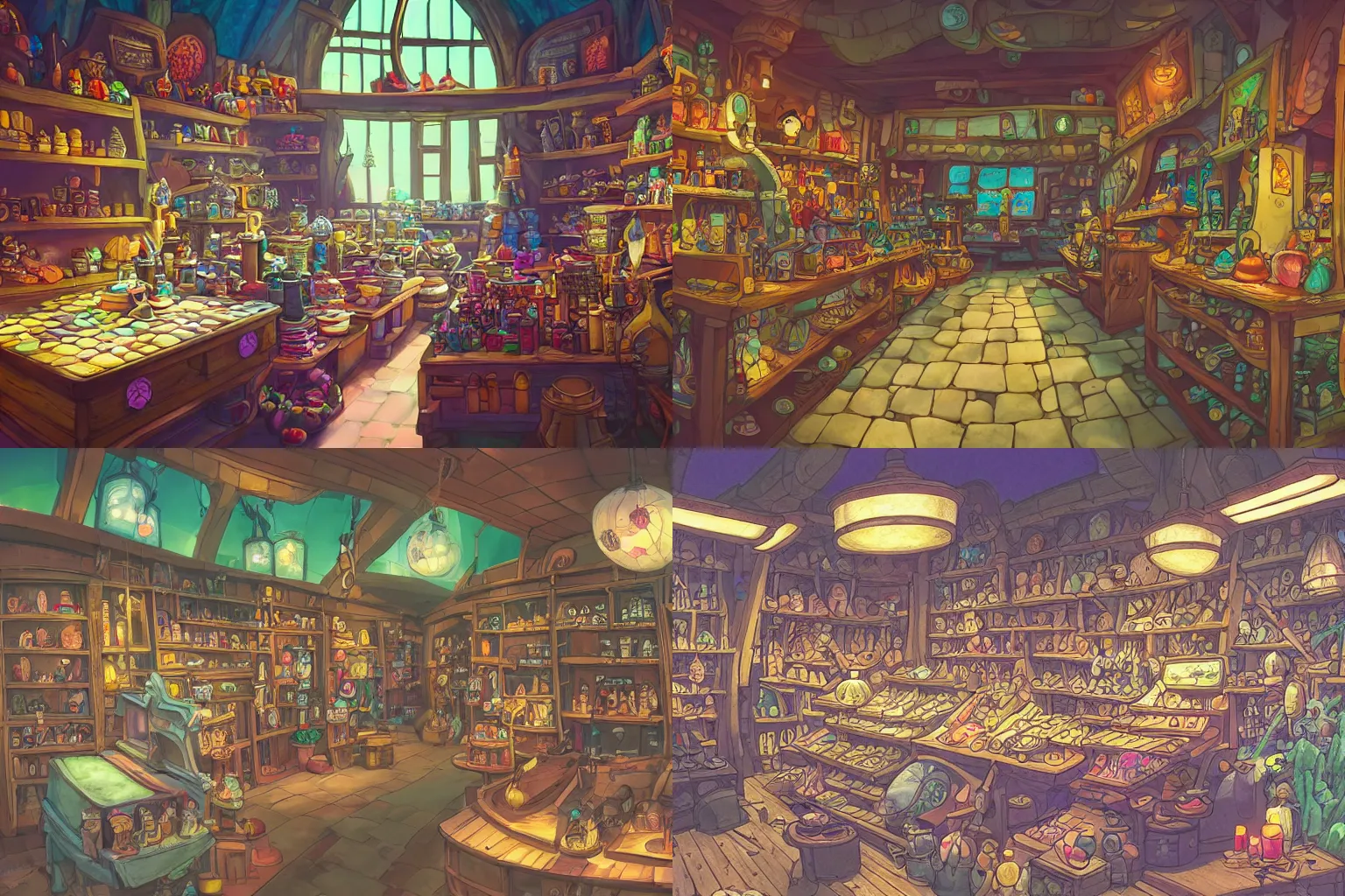 Prompt: inside a magical item shop, fantasy potion vendor interior, studio ghibli studio art style, wide angle, sunlit interior