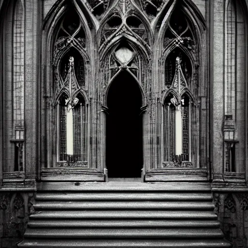 Image similar to architectural shot, no decaying lines, alabaster gothic cathedral, black opal skin, gothic girl dressed in black with macro head face