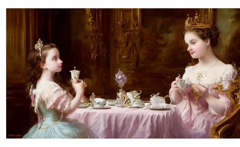 Prompt: Young victorian princess drinking tea on the royal palace dining room. By Konstantin Razumov, fractal flame, chiaroscuro,highly detailded