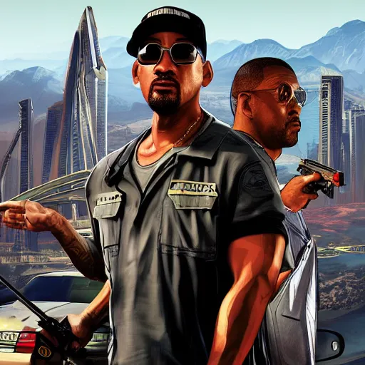 Prompt: Will Smith as Grand Theft Auto V cover art, hyperdetailed, artstation, cgsociety, 8k