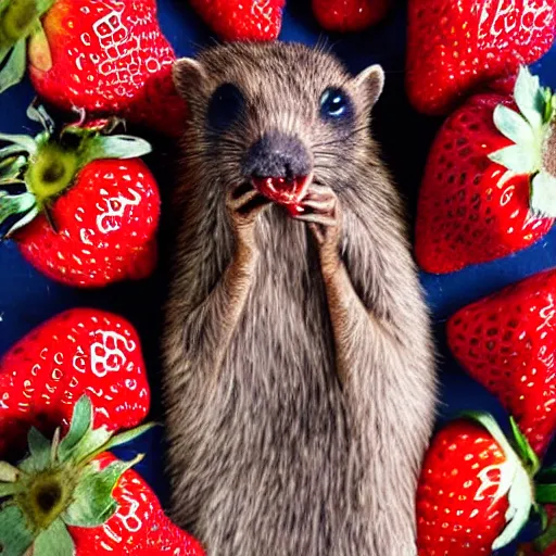 Image similar to photo of a blind ZOMBIE marsupial mole eating strawberries-W 1024