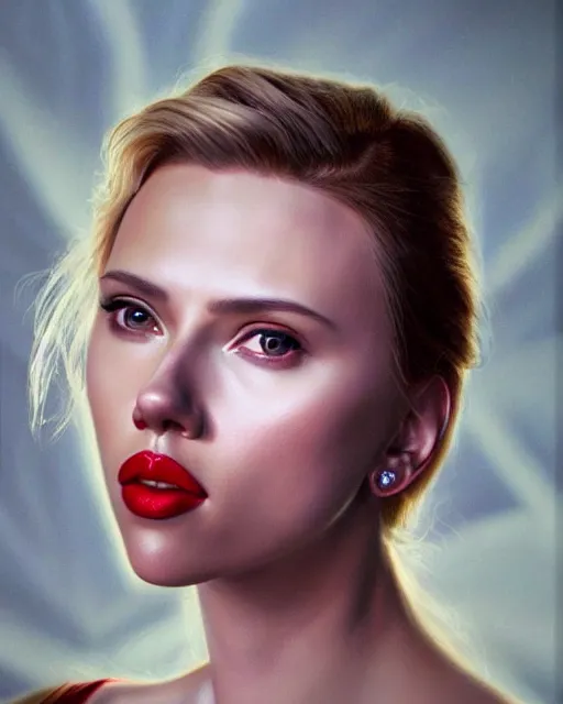 Image similar to highly detailed vfx portrait of scarlett johansson, red lipstick, global illumination, detailed and intricate environment by james jean