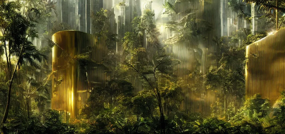 Prompt: futuristic shinny golden building in an jungle landscape of a biopunk city by bouguereau, movie poster, film still