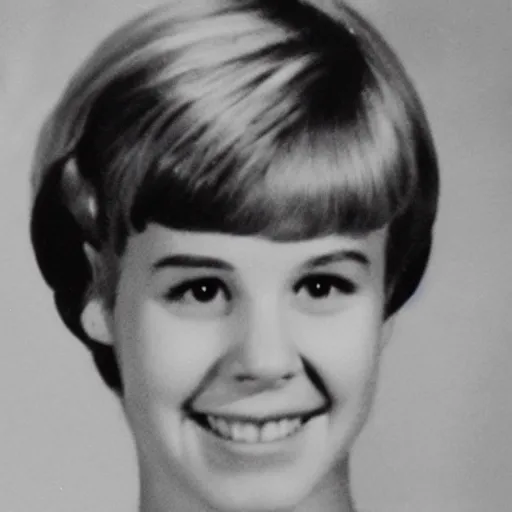 Image similar to a yearbook photo of Betty Cooper in the 1960s, she has bangs and a ponytail